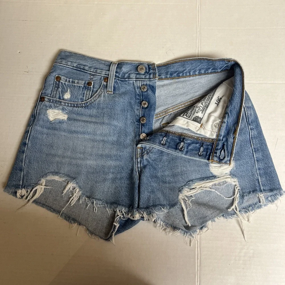 Levis 501 Shorts Womens 27 Blue Button Fly Cut Off Denim High Rise Distressed
